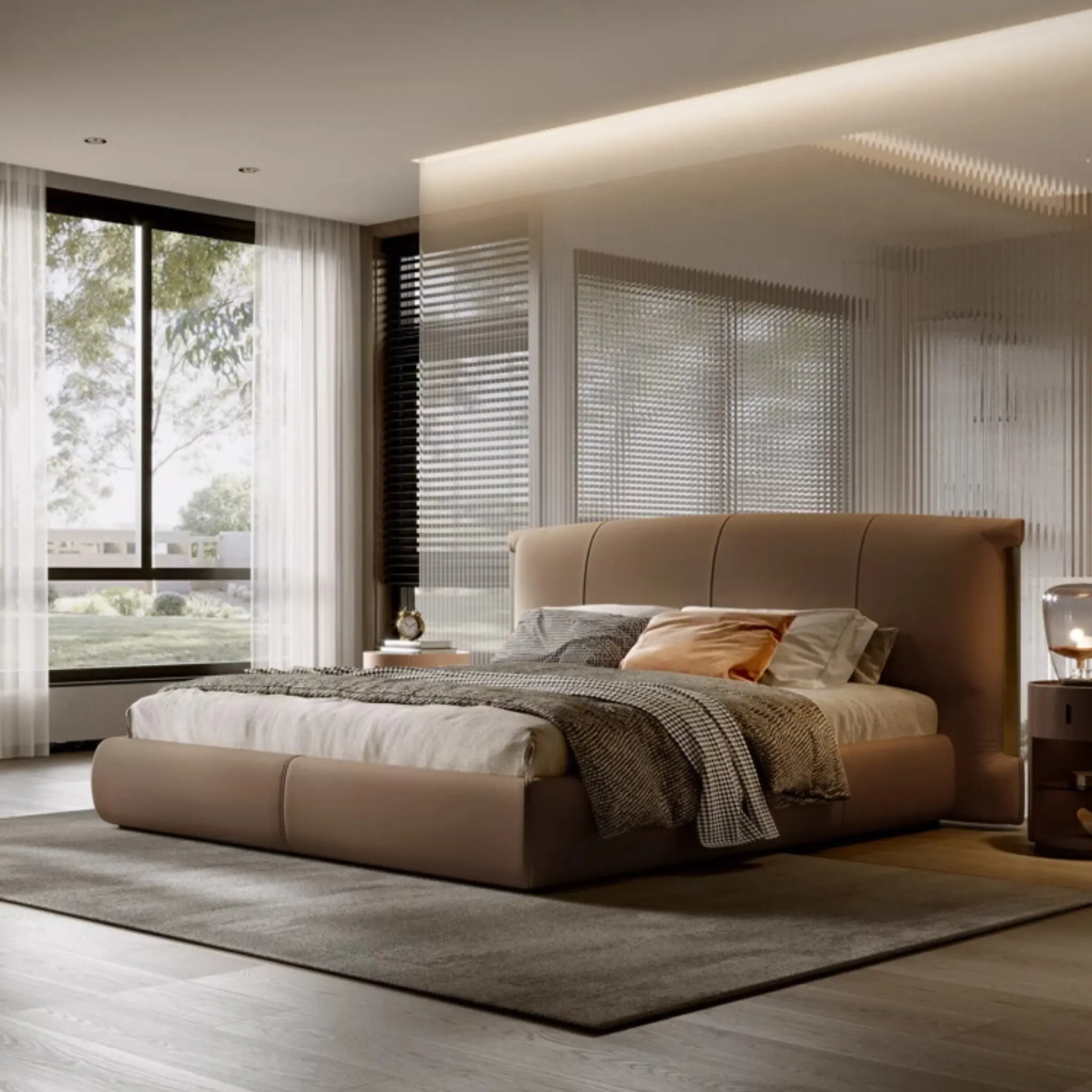 Modern Platform Bed Frame with Vertical Channel Leather Headboard