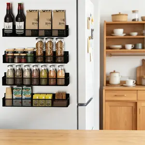 Magnetic Spice Rack for Refrigerator, 4 Pack Magnetic Shelf, Fridge Magnet Organizer with Moveable 4 Hooks, Kitchen Storage Solution, Coffee Bar Organizers