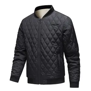 Men's Black Quilted Bomber Jacket - Diamond Pattern, Ribbed Cuffs / Hem, Warm Autumn Winter Everyday Streetwear Coat