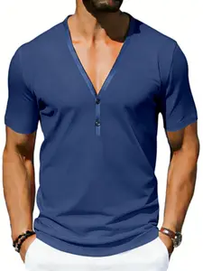 American Summer Casual Henry Colorblock V-Neck T-Shirt Short Sleeve, Stylish Comfortable Fit for Daily Wear, Perfect for Warm Weather