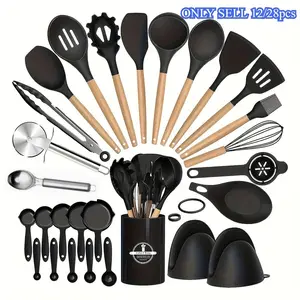 12/28 Pcs Kitchen Tool Set, Silicone Cooking Utensils, Wooden Handles, Includes Spoons, Spatulas, Essential Kitchen Accessories, Spatula Included