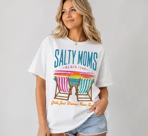 Salty Moms Beach Club Graphic T-Shirt, Beach Chair Sunset Tee, Girls Just Wanna Have Sun Shirt, Summer Vacation Top, Coastal Mom Life Tee, Funny Beach Mom Shirt, Oversized Casual Short Sleeve, TikTok Viral Vacation Outfit Gift