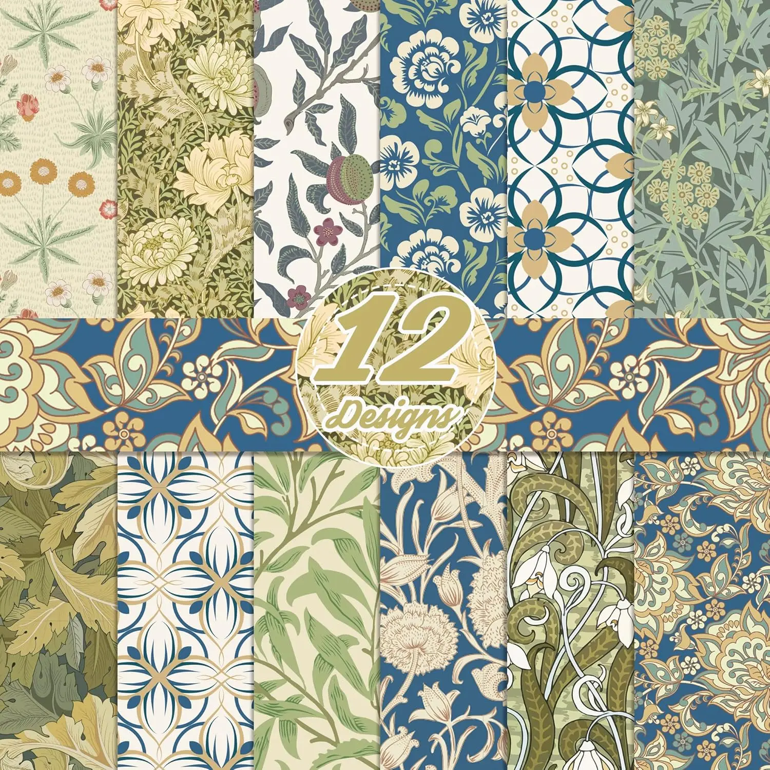 24 Sheets William Morris Wildfloral Scrapbook Paper 12'' x 12'' Green Blue Vines and   Pad  Flower Double-Sided Cardstock Paper for Background DIY Card Making Origami