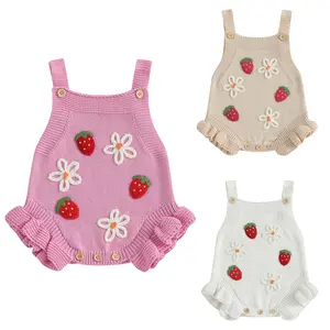 Baby Girls Strawberry Floral Sweater Romper Infant Sleeveless Cable Knit Onesie Bodysuit Newborn Coming Home Outfit