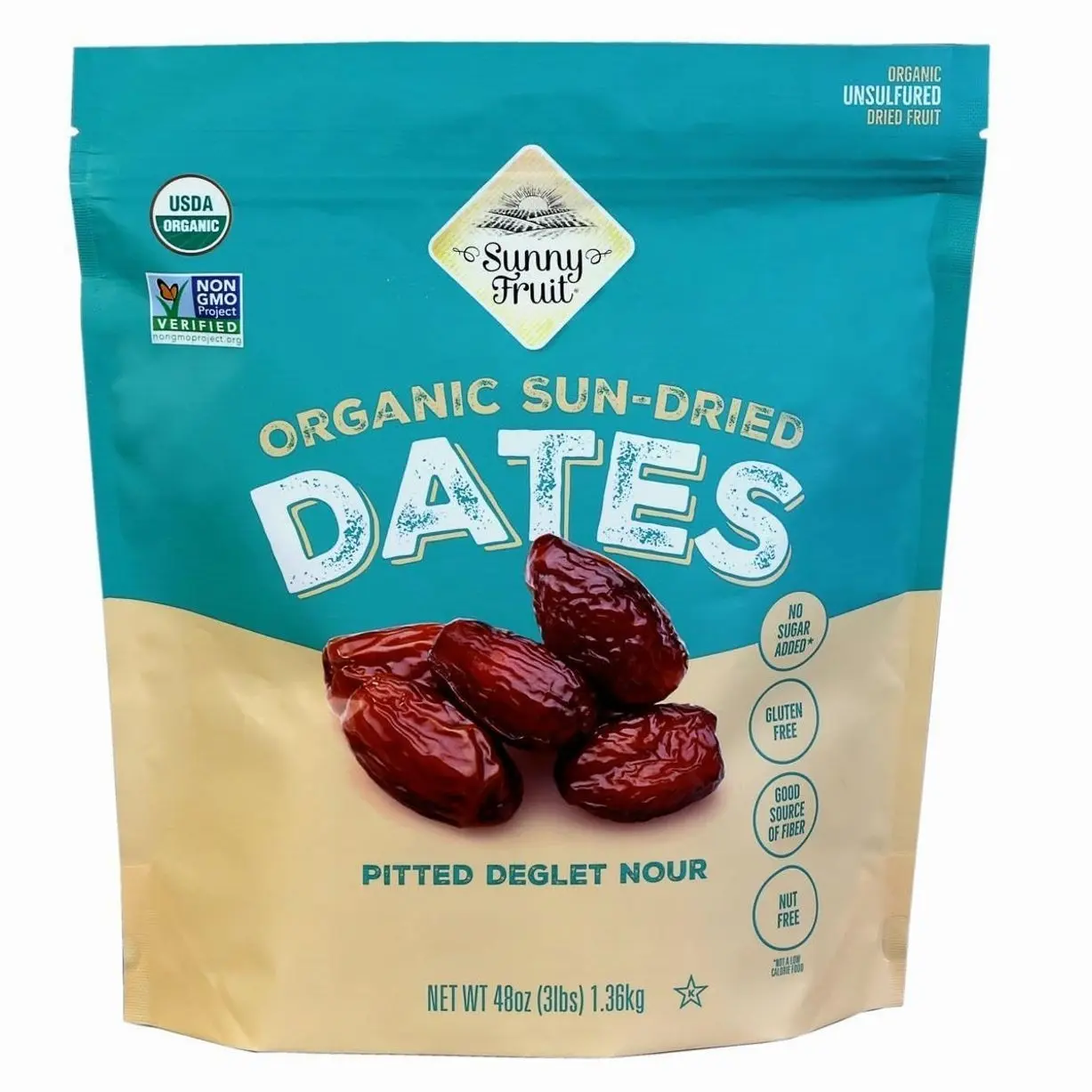 ORGANIC Pitted Dates (Deglet Nour) - Sunny Fruit 48oz Bulk Bag (3 lbs) | NO Added Sugars, Sulfurs or Preservatives | NON-GMO, VEGAN, HALAL & KOSHER