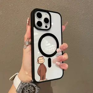 MagSafe-Ready Magnetic Smartphone Case for iPhone 11/12/13/14/15/16/17 Pro Max, Ultra-Thin Shockproof Cover with Simple Curious George Art, Cute Phone Accessories for Girls with Protection
