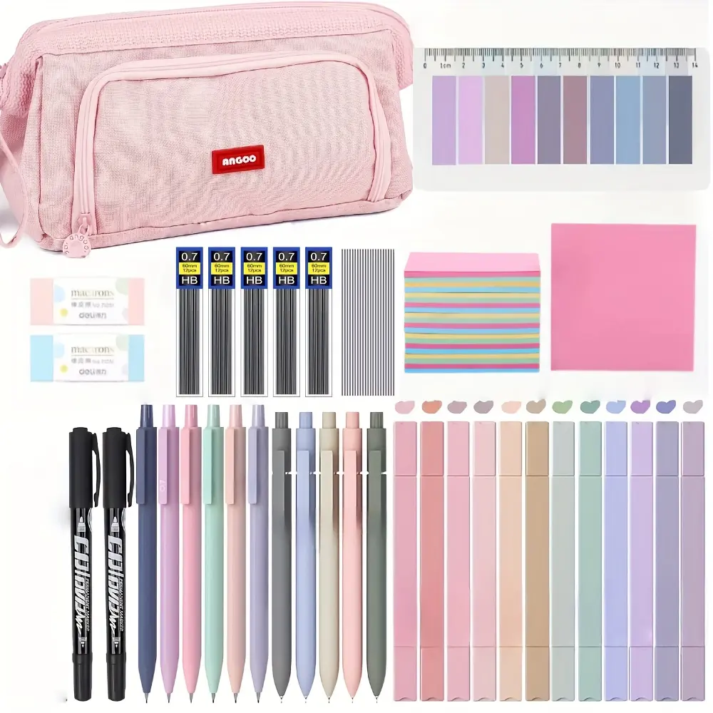 Pink Aesthetic Stationery Supplies Pencil Case Kit - Cute Pastel Highlighters, Gel Pens, Mechanical Pencils, Marker Set - Office College Student Essentials for Bible Study