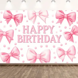 Happy Birthday Bow Pattern Photography Background, Bow Pattern Birthday Party Backdrop, Party Decoration Supplies for Indoor and Outdoor, Banners, Party Decorations Banners