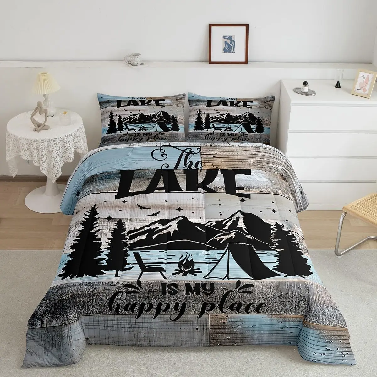 Lake House Decor Comforter Set,Camping House Bedding Sets,Rustic Farmhouse Lodge Duvet Insert,Country Retro Wooden Quilted Duvet