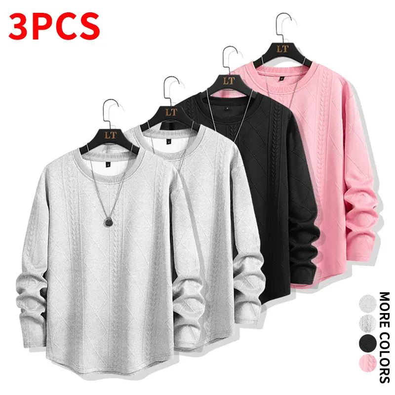 Textured diamond-knit long-sleeve three-piece set for spring/autumn layering — basic crewneck pullover top