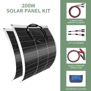 200W Flexible Solar Panel 18V System kit 30A Charge Controller Cables with Alligator Clip PV Connector Cables for Yacht, Boat, RV, Cabin, 18V Battery Charge