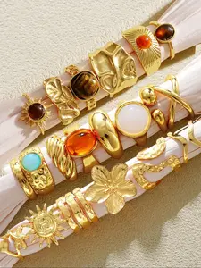 Vintage Elegant Women's Colorful Simulated Gemstone Rings Set, Starfish Sunflower Design, Stackable, All Seasons Wear, Perfect Gift, Vintage Rings Jewelry, Statement Rings
