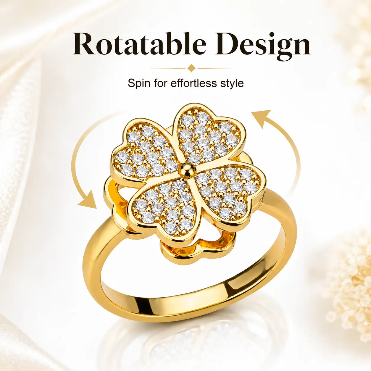 Women's Rotatable 4-Leaf Clover Ring, Gold-Tone Alloy Ring with Sparkling Cubic Zirconia, Spinner Statement Costume Jewelry, Lucky Gift for Birthday-Anniversary
