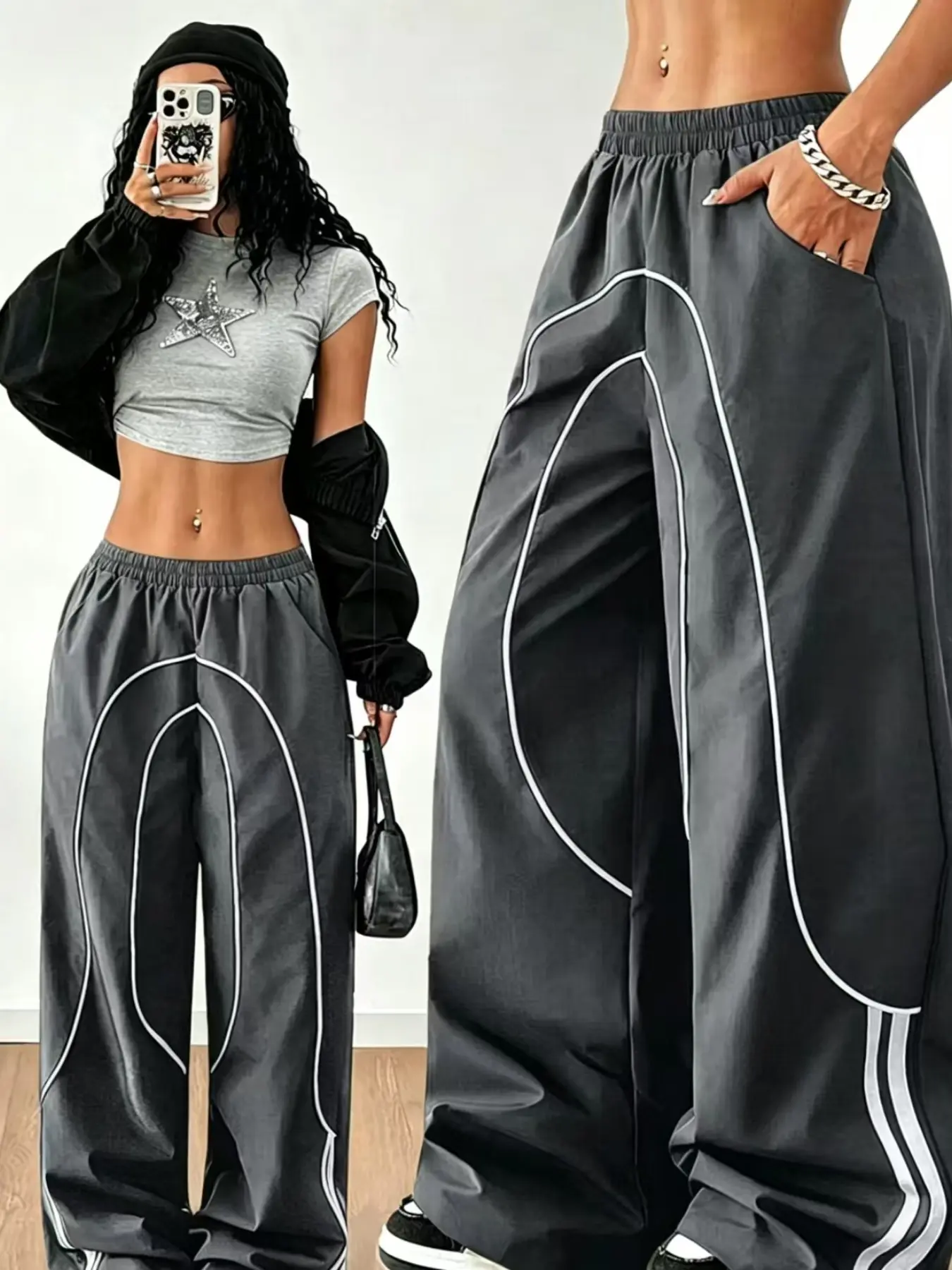 TikTok Viral Y2K Fashion 2 Piece Outfits for Women, Star Print Short Sleeve Crop Top + Contrast Piping Loose Baggy Wide Leg Pants Set, Streetwear 90s Retro Tracksuit, Casual Street Style Matching Set for Hip Hop, Skate, Gym, Daily Wea