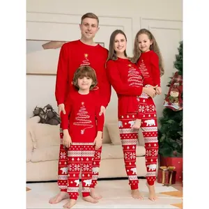 ChristmasFamilyPajamasSet,2-PieceCartoonFireworksPrintTop&SnowflakeStripedPants,CasualFittedSleepwearforAllSeasons