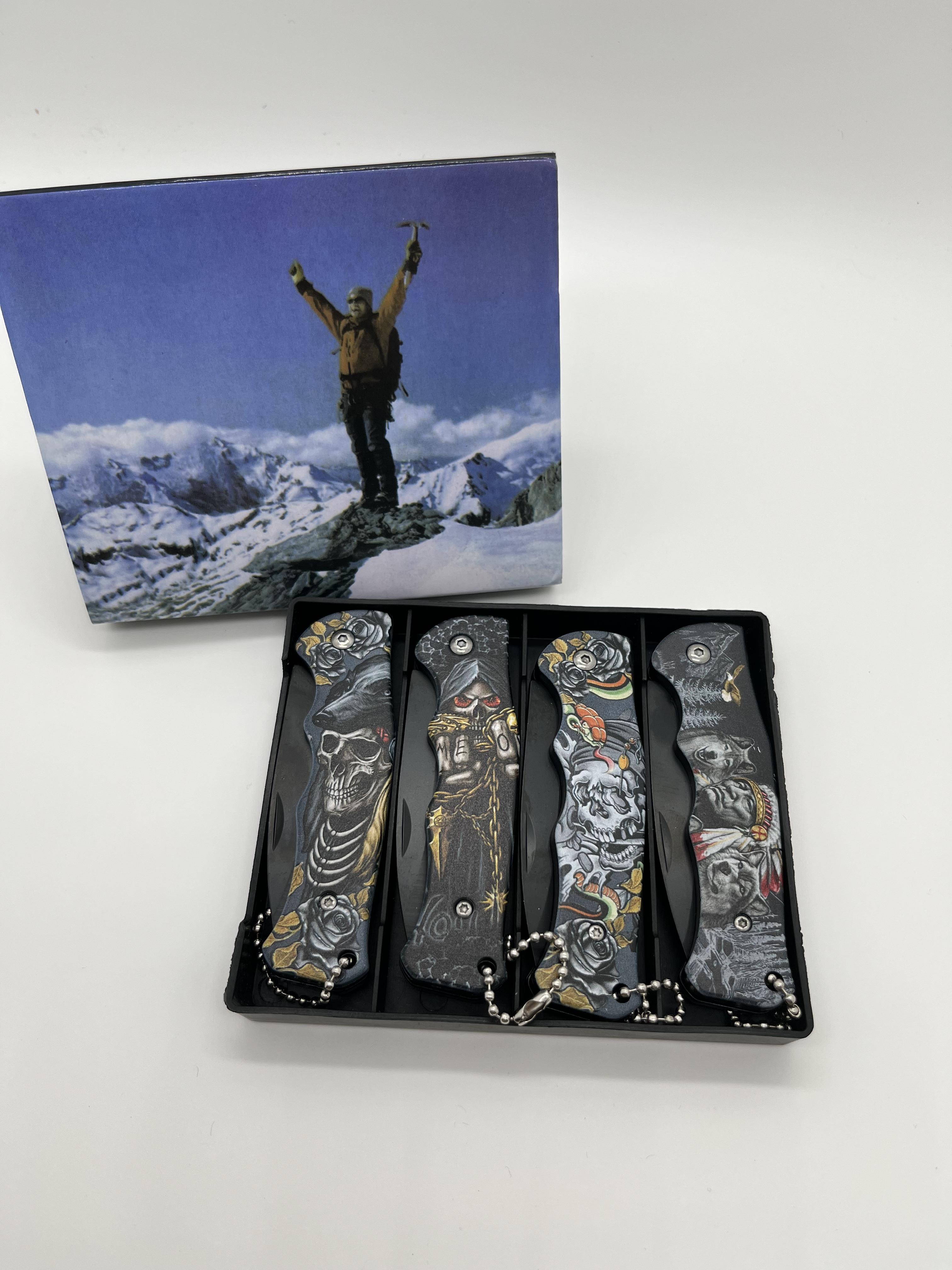 4PCS folding pocket knives, Mysterious skull design handle, for Outdoor Camping, Fishing, Hiking, Men's Gift