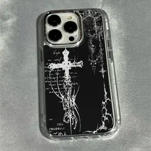 Metal Frame Transparent Large Hole iPhone Case, Dark Art Cross Pattern Anti-Slip Phone Cover, Fits iPhone 15 15 Plus 15 Pro 15 Pro Max