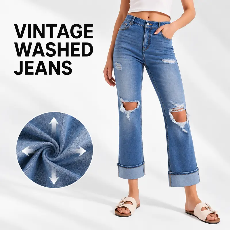 FireSwan 2026 New Vintage-Washed Women's Denim Jeans - Ripped Frayed Design, Slightly Flared Fitted Slim Fit, Streetwear Aged Jeans, Casual Bottoms for Spring/Summer