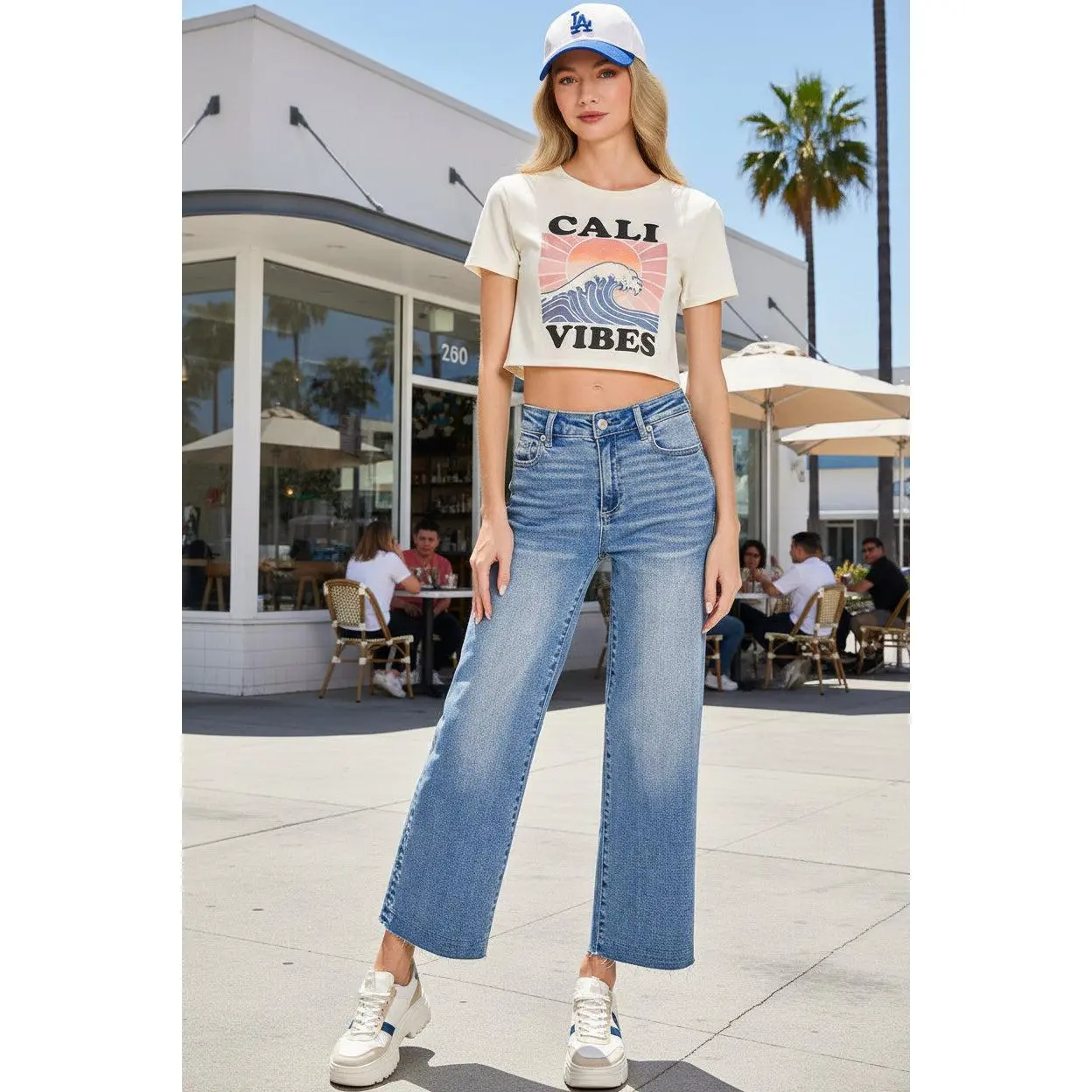 Women's Zenana High-Waisted Chic Casual Fit Cropped Wide-Leg Jeans - Spandex Cotton Denim Essential Bottoms,  Fabric, Womenswear, Medium, Spot, Trouser, Pants, Streetwear, Pocket