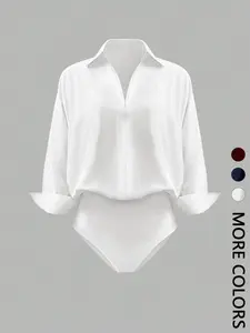 Valentine's Day Women's Casual Solid Color body suit Jumpsuit, Ladies' Relaxed Long Sleeve Lapel Fit One-Piece, Comfortable All-Season Wear