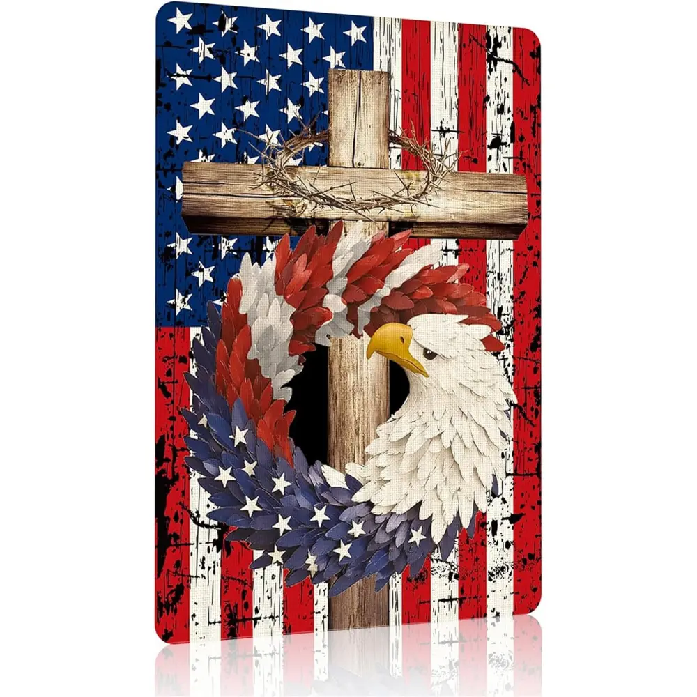 1pc 8x12in Aluminium Patriotic Christian Eagle Metal Sign - USA Flag, Wooden Cross, Bald Eagle Print, Mountable Faith Decor, Home Office Decoration for 250th Anniversary, July 4th Independence Day