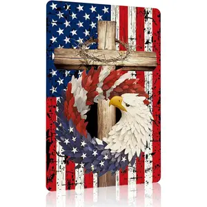 1pc 8*12 in Patriotic Christian Eagle Metal Sign | USA Flag, Wooden Cross & Bald Eagle Wall Decor for Homes, Churches, Man Caves, the 250th anniversary and July 4th Independence Day
