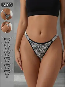 6PCS Sexy Leopard Print Thong Pants with Sparkly Rhinestone Belt, Breathable Women's Underwear, Perfect for Date Night & Everyday Glamour, Summer Essential