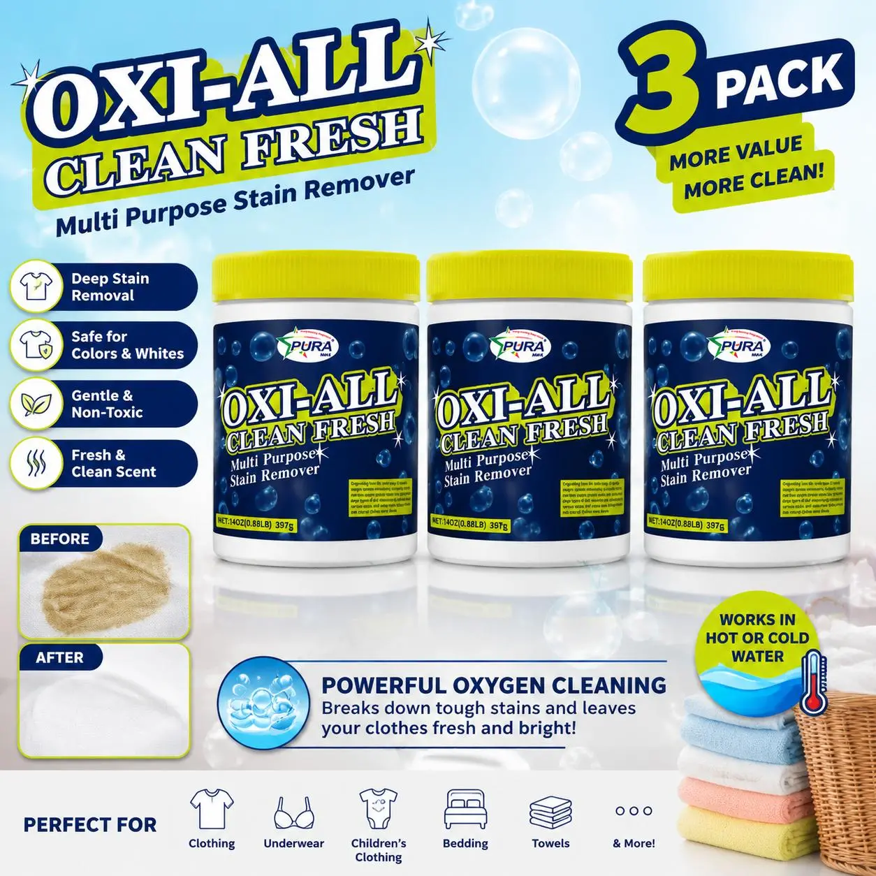 OXI-ALL Multi Purpose Stain Remover Powder 3 Pack, Oxygen Laundry Booster, Color Safe Whitener, Deep Cleaning for Clothes, Towels, Bedding & Underwear, 397g Each
