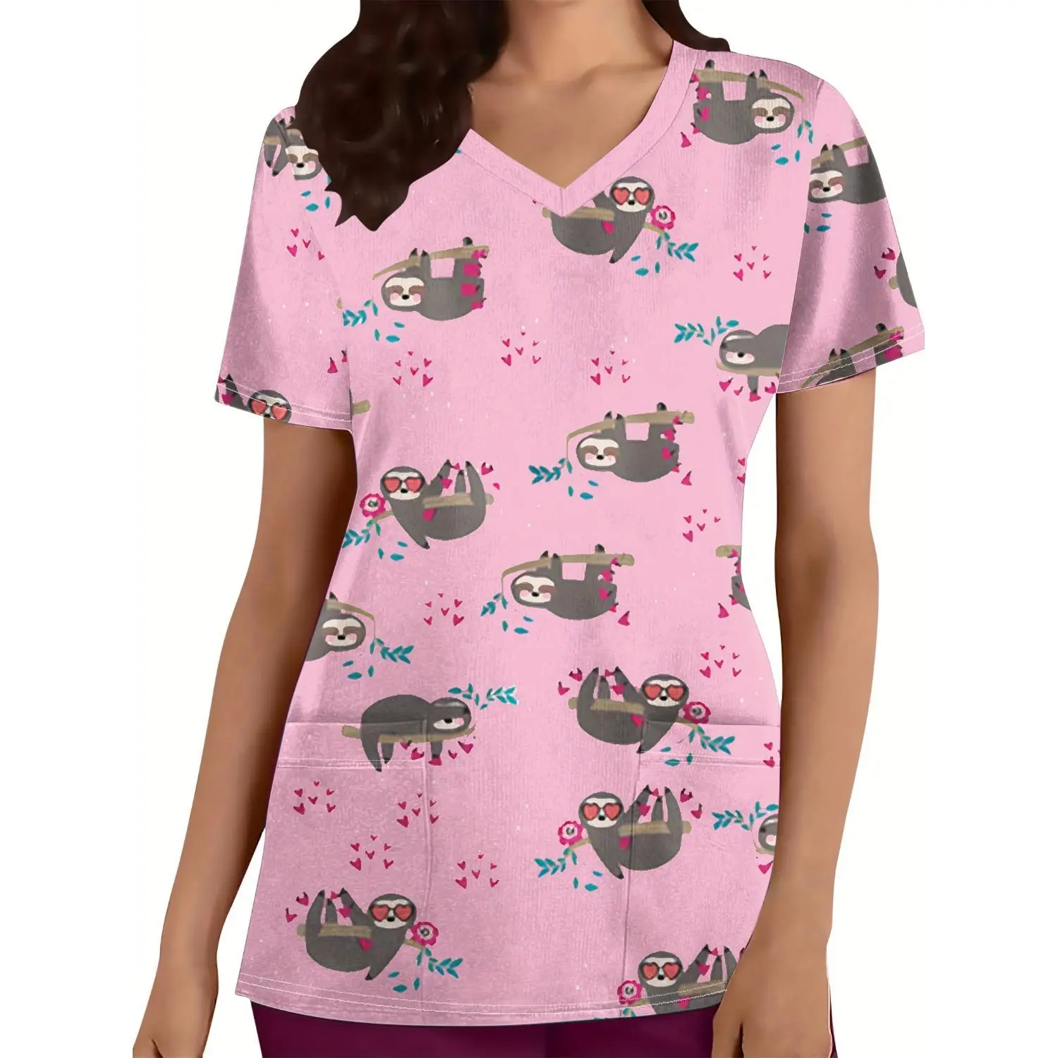 Women's Plus Size Cute Sloth Print V-Neck Short Sleeve T-Shirt - Casual Polyester Top with Pockets, Machine Washable & All-Season Comfort for Lounge, Work, Daily Casual Attire, Playful Design, Soft Breathable Fabric