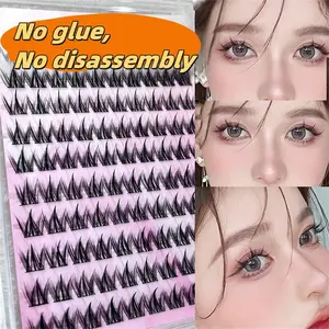 100 Pairs Self-Adhesive False Eyelashes, Dog Tail C Curl Effect, 12mm Natural Dense Fine Strip Style, Dual Layer Lash Extension