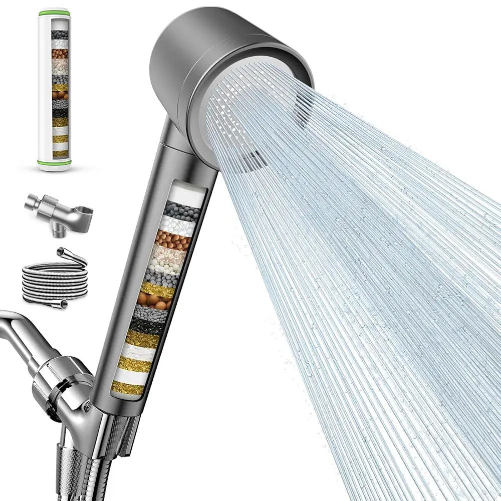 Filtered Handheld High Pressure Shower Head for Hard Water, Detachable Rain Showerhead with 3 Spray Modes, 60 Inch Hose & Bracket to Remove Chlorine