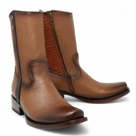 Men's La Sierra Handmade Cowhide Leather Mid Boot - Square Toe Camel Casual Wear Footwear with Closure for All Seasons