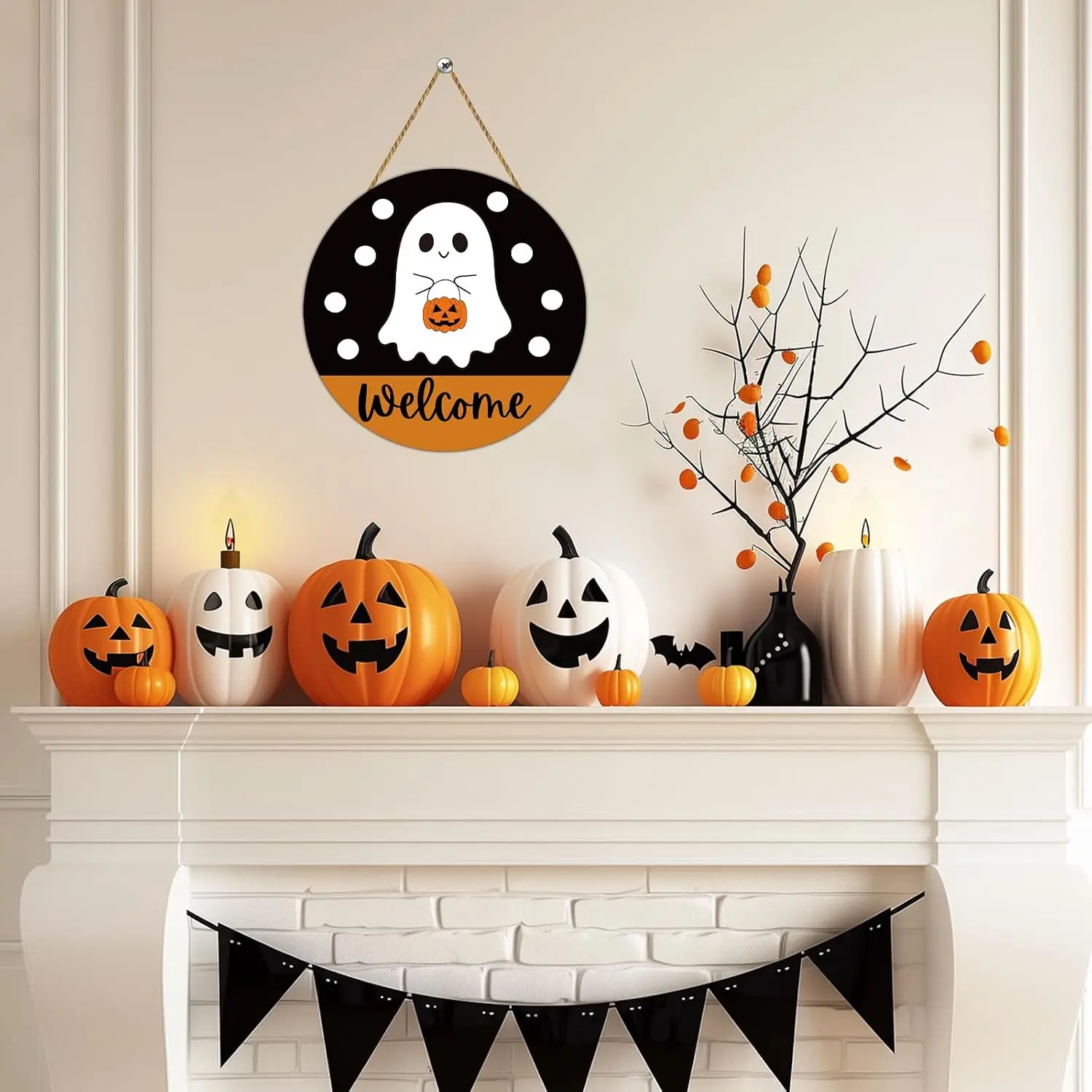 Cute Ghost Wooden Wreath Basket Ornament - Halloween Front Door Hanger Welcome Sign, Home Supplies Ghost Decor Wall Hanging for Curb Appeal, Festive Decoration Gift (as shown)