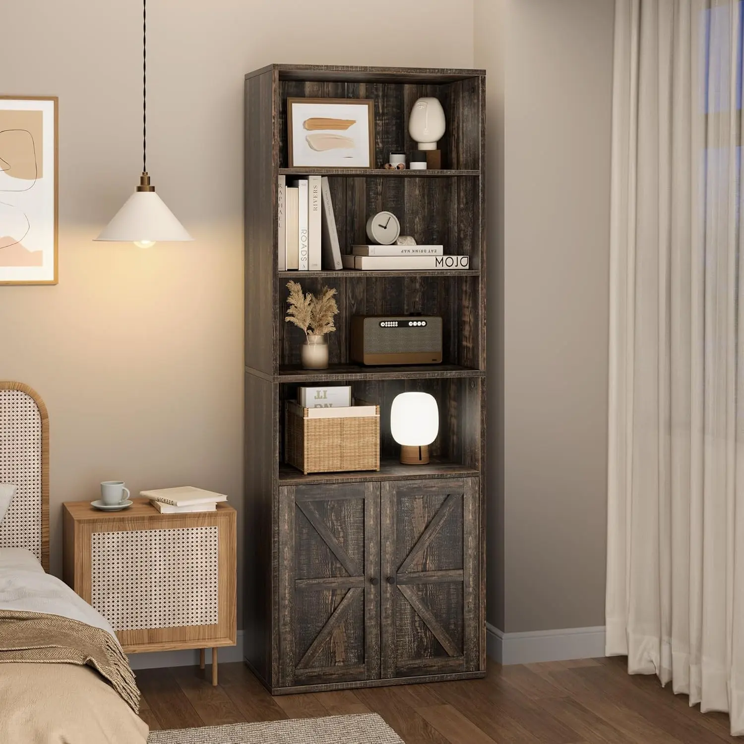 71.4" Tall Stable Sturdy 4-Tier Open Storage Bookcase with Barn Doors, Dark Oak Stylish Farmhouse Elegance Wall-Mounted Shelf for Living Room, Home Office
