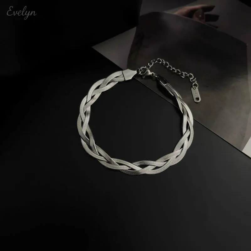 Triple Braided Flat Herringbone Snake Chain Bracelet,  Gold Silver 3 Tone Gold Silver Mixed Woven Wrist Band, Anti-Tarnish Stainless Steel Minimalist Stackable Wrist Jewelry for Women Daily Styling