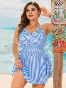 Plus Size Striped Ruched Swimdress with Tankini - Beach Vacation
