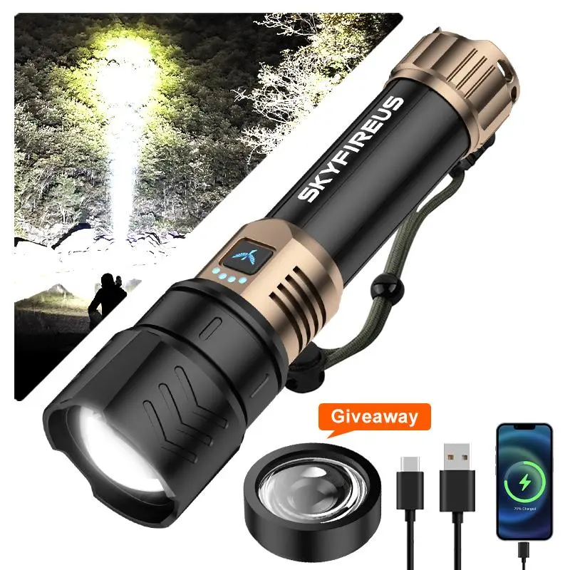 SKYFIRE 1097 High Lumens LED Flashlight - 1000LM Super Bright Long-Range Multifunctional Tool, USB Port, USB Cable, Durable Body for Boating, Home Use, High Lumens Flashlight
