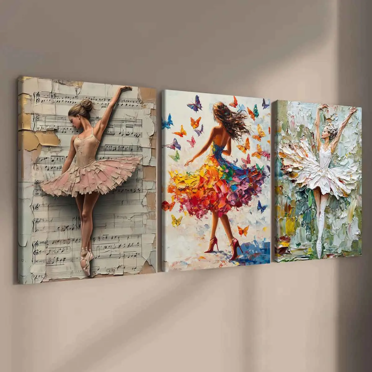 3-Piece Modern Art Canvas Prints, Solid Wood Frame Wall Decor, Ballet Dancer Posters for Living Room & Bedroom Decoration