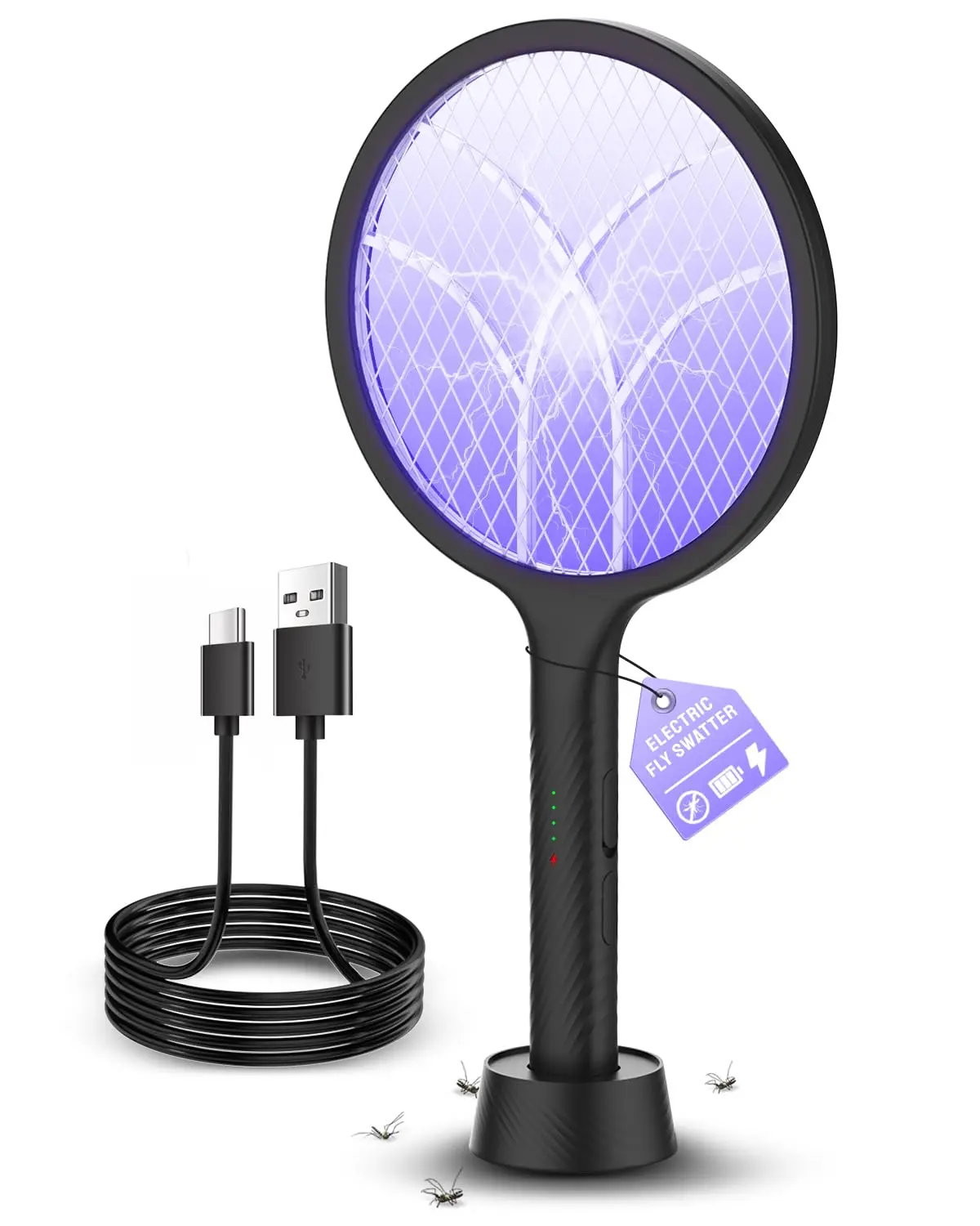 Electric Fly Swatter Racket 4000V Dual Mode Bug Zapper Fly Zapper Rechargeable, Purple Attractant Light, 3-Layer Safety Mesh and Usb-C C harging for Indoor, Outdoor Home Camping Yard Use,techvibes