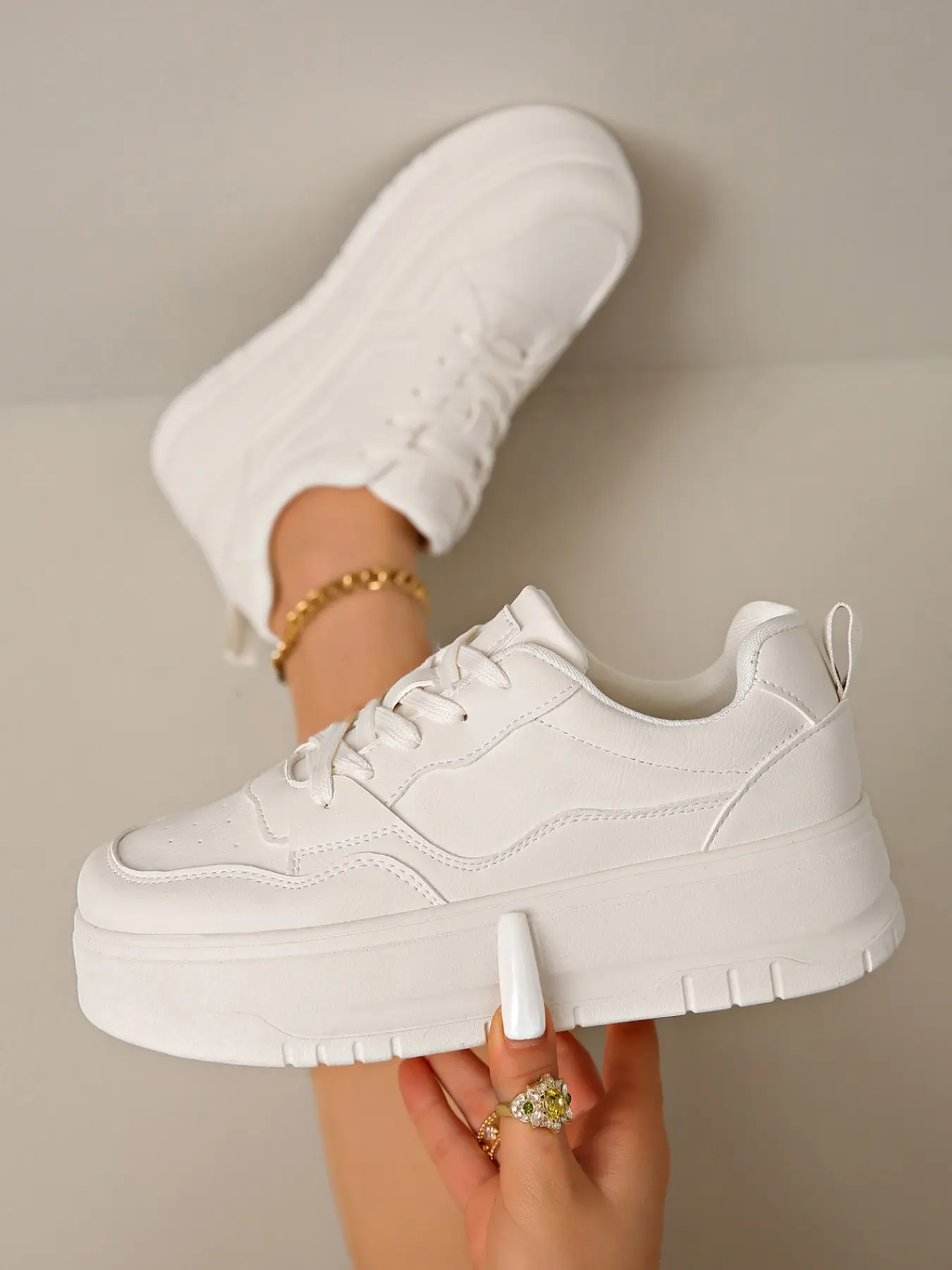 Women's Thick Sole Sneakers, Trainer, Lace Up Sneakers, Walking Shoes, Height-Boosting Platform Casual Shoes, Striped Textile Upper, Rubber Sole, All Seasons, Footwear