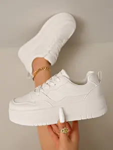 Women's Thick Sole Sneakers, Trainer, Height-Boosting Platform Casual Shoes, Striped Textile Upper, Rubber Sole, All Seasons