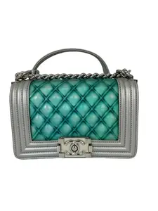 Pre-owned CHANEL Lambskin Shoulder Bags Iridescent PVC Quilted Small Boy Flap Silver Blue Shoulder Bag