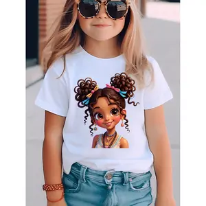 Girls' Short-Sleeve T-Shirt, Summer Fashion Casual Top, Double Ponytail Girl Cartoon Print, with Earrings