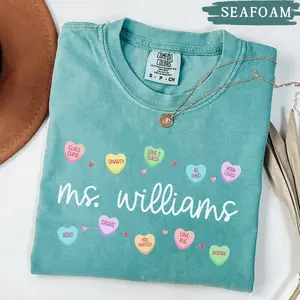 [CUSTOM] Comfort Colors Teacher Valentine Shirt, Conversation Heart Teach Crewneck, V-Day School Gift, Cupid Love Classroom Tee, Teacher Valentine Tee