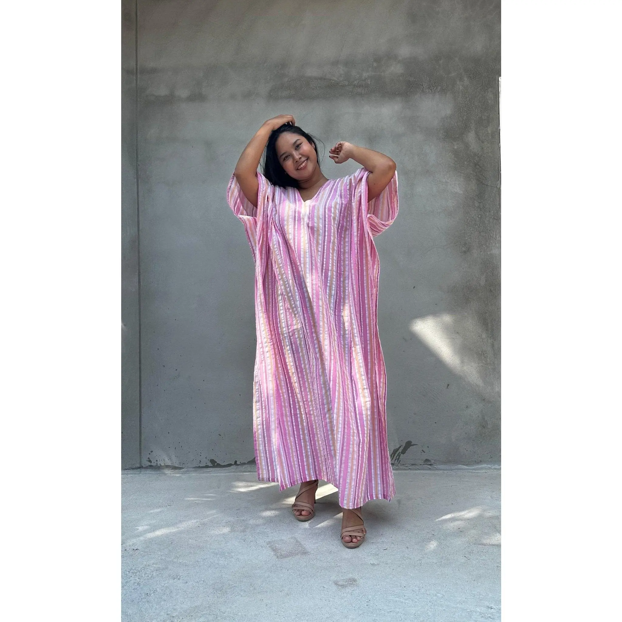 Women's Plus Size Ella Soft Cotton Striped Kaftan Dress - Modest Islamic Clothing, Casual Kaftan Dress, Woven Texture for Visual Interest, Modesty Muslim Clothing, Soft Cotton Kaftan