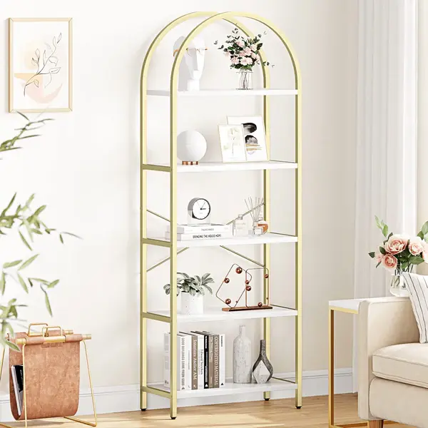 [NEW] Garvee Arched Bookshelf 5-Tier Open Shelves MDF & Metal Frame Curved Top Adjustable Feet Home Office Display Rack