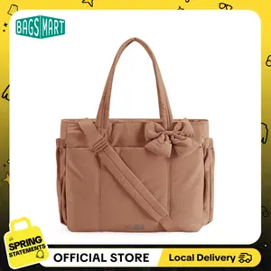 BAGSMART Crush Bow Tote Bag for Women 15.6" Laptop Friendly Lightweight Puffy Tote Bag with Removable Bow & Multiple Compartments for Travel Work Beach Gym 20L Capacity SpringStatements