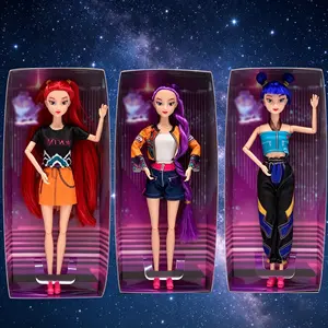 KPOP-3PCS 11.5in Light Sound Fashion Dolls, Poseable Red Purple Blue Hair Street Clothes, Musical Toy Gift Girls Collectors