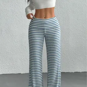 Women's Striped Casual Low Waist Pants Fashionable Knitted Long Trousers for Daily Wear Stylish Ladies' Clothing Pantalones de Mujer Blue Loungewear Pajama Nightwear with Elegance and Comfort