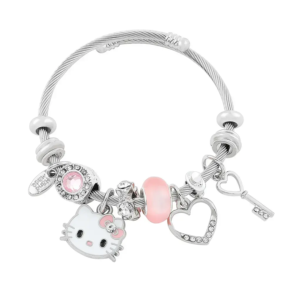 Sanrio Hello Kitty Charm Bracelet with Heart Key & Pink Bead Adjustable Fit Sparkling Design for Sanrio Fans